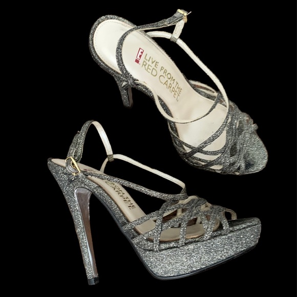 Silver & bLack fabric platform sandals - Picture 1 of 3
